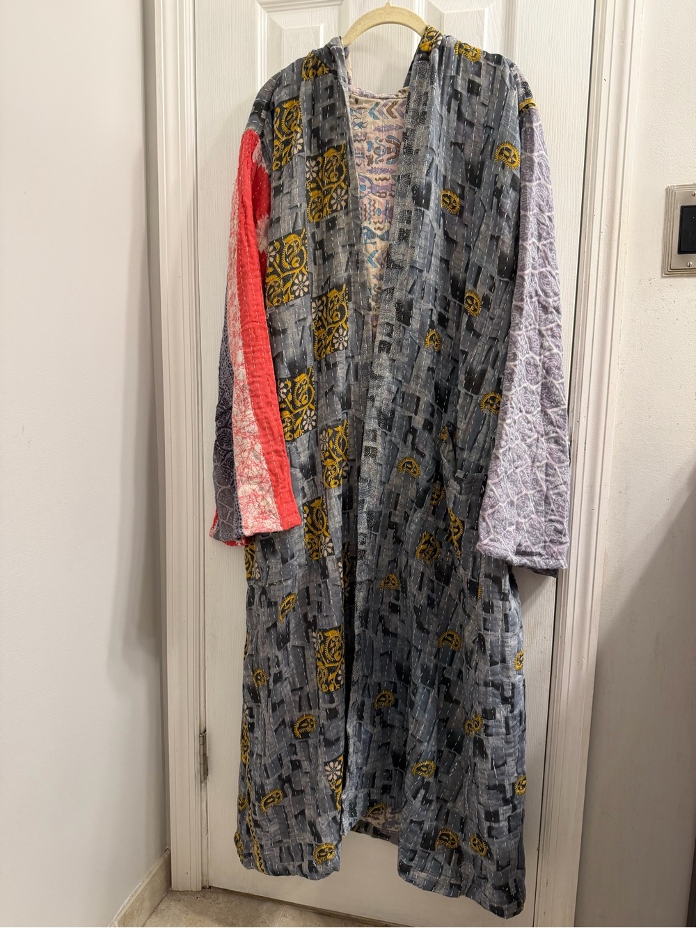 Reversible Kantha Kimono Robe Duster with Hood